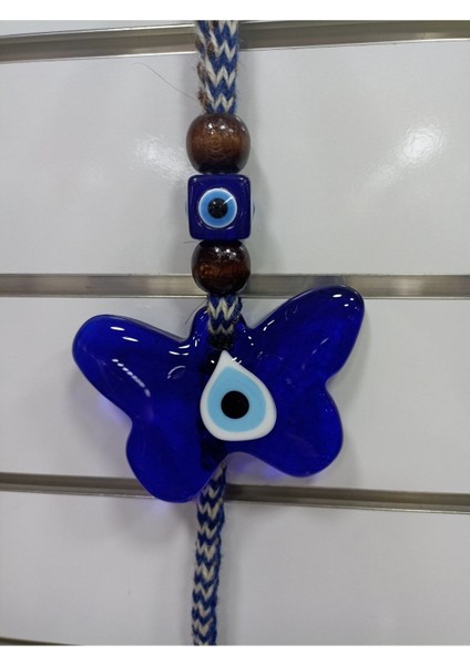 Mavi Kelebek Figürlü Ip Örgülü Cam Nazar Boncuğu Bahçe ve Balkon Süsü