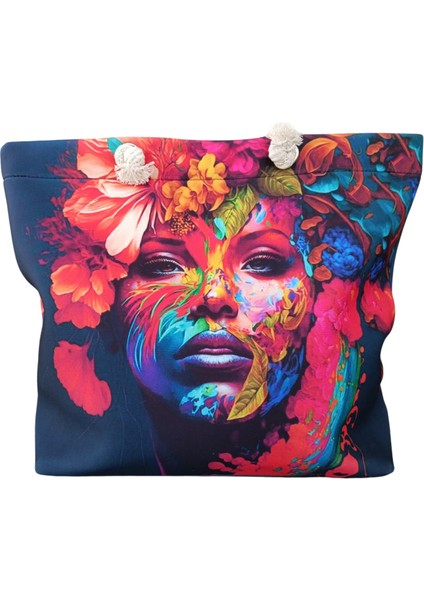 Kadın Plaj Çantası Fermuarlı Içi Astarlı Cepli Özel Resim Çizimli Yumuşak Halat Saplı