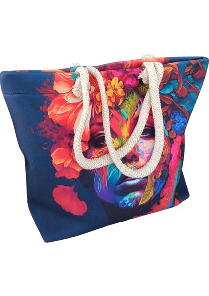 Kadın Plaj Çantası Fermuarlı Içi Astarlı Cepli Özel Resim Çizimli Yumuşak Halat Saplı fırsatları