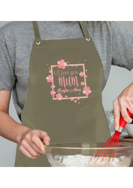 Kişiye Özel Anneler Günü Temalı Haki Mutfak Önlüğü, Aşçı ve Şef Tasarımı