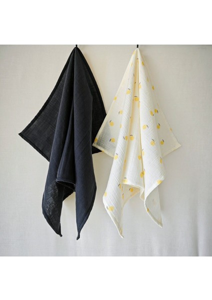 %100 Pamuk Müslin Kurulama Bezi Seti 2'li Antrasit ve Meyve Limon Desenli