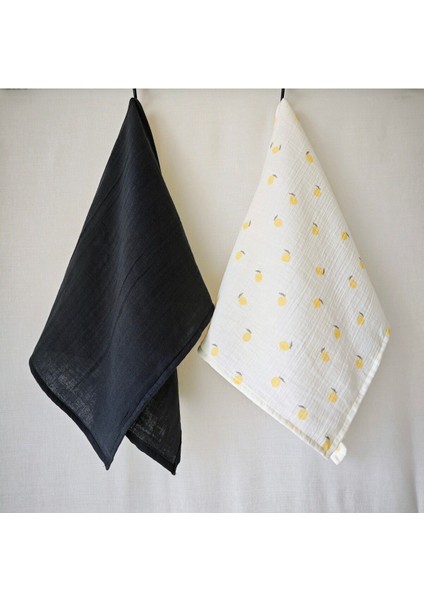 %100 Pamuk Müslin Kurulama Bezi Seti 2'li Antrasit ve Meyve Limon Desenli