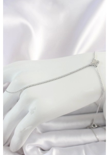 Pirinç Gümüş Renk Su Yolu Zirkon Taşlı Işlemeli Yonca Model Kadın Şahmeran