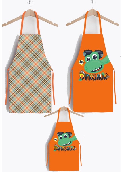 Turuncu Dinozor Aile Mutfak Önlüğü Seti, 3'lü, Şık ve Fonksiyonel Ürün.