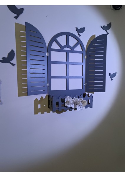 Gri Panjur Kuşlu Pencere Temalı Çiçeklik Ahşap Mdf Lazer Kesim 3mm Duvar Süsü