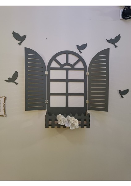 Gri Panjur Kuşlu Pencere Temalı Çiçeklik Ahşap Mdf Lazer Kesim 3mm Duvar Süsü fiyatları