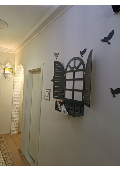 Gri Panjur Kuşlu Pencere Temalı Çiçeklik Ahşap Mdf Lazer Kesim 3mm Duvar Süsü fırsatları