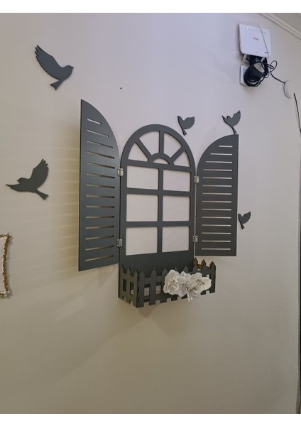 Gri Panjur Kuşlu Pencere Temalı Çiçeklik Ahşap Mdf Lazer Kesim 3mm Duvar Süsü indirimleri