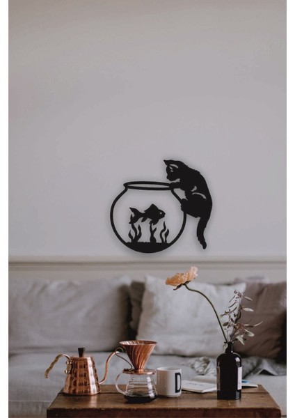 Şık Siyah Ahşap Kedi Duvar Dekoru, 40X35CM, Çocuk Odası ve Salon Için Tablo Seti