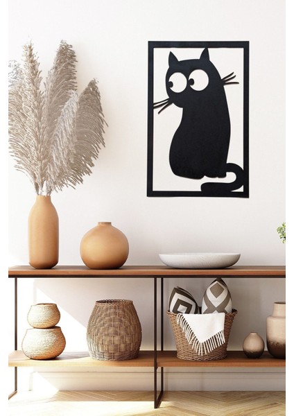 Şık Siyah Ahşap Kedi Desenli Duvar Dekoru 28X43CM