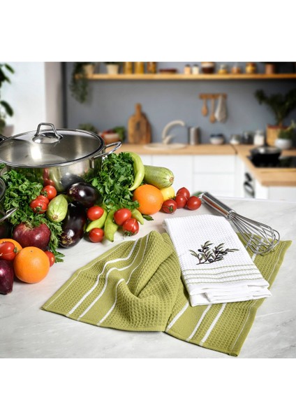 2’li Mutfak Havlusu Beyaz ve Yeşil, Zeytin Nakışlı, Şık ve Kullanışlı Set