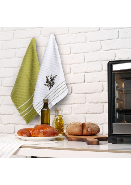 2’li Mutfak Havlusu Beyaz ve Yeşil, Zeytin Nakışlı, Şık ve Kullanışlı Set modelleri