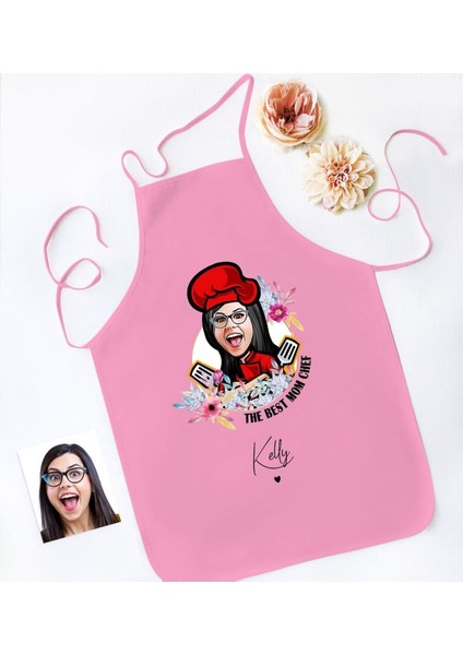 Kişiye Özel Karikatürlü Pembe Mutfak Önlüğü, Anneler Günü Tasarımı
