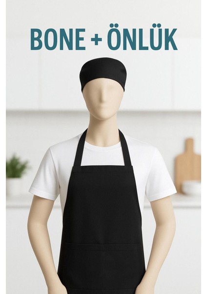 Şık Siyah Mutfak Aşçı Önlüğü ve Bone Seti, Kolay Kullanımlı ve Rahat Tasarım