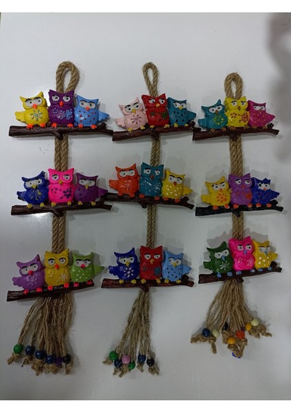 Renkli Hasır Ip Baykuş Duvar Süsü, Bahçe ve Balkon Dekorasyonu (3'lü Set)