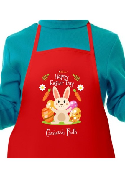 Kişiye Özel Paskalya Temalı Kırmızı Çocuk Mutfak Önlüğü, Renkli ve Eğlenceli