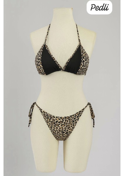 - Kadın Siyah ve Leopar Detaylı Yandan Bağlamalı Bikini Takımı