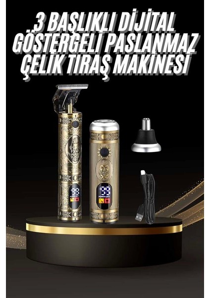Tıraş Makinesi Pro 3 Başlıklı Dijital Göstergeli Saç Sakal Kulak ve Burun fiyatları