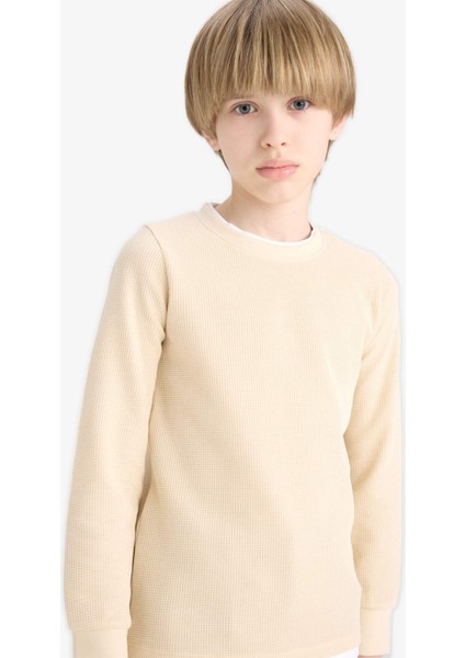 Erkek Çocuk Bisiklet Yaka Basic Düz Waffle Uzun Kollu Okul Tişörtü V1186A625AU