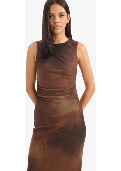 Bodycon Vücudu Saran Bisiklet Yaka Desenli Tül Kolsuz Midi Elbise E7402AX25AU modelleri