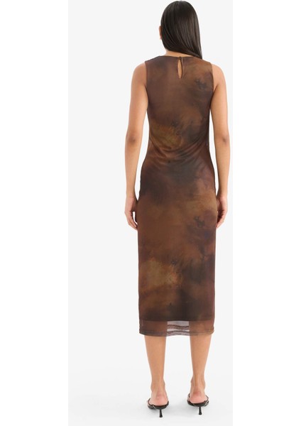 Bodycon Vücudu Saran Bisiklet Yaka Desenli Tül Kolsuz Midi Elbise E7402AX25AU indirimleri