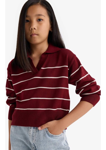 Kız Çocuk Standart Fit Polo Yaka Çizgili Triko Kazak E7737A825AU