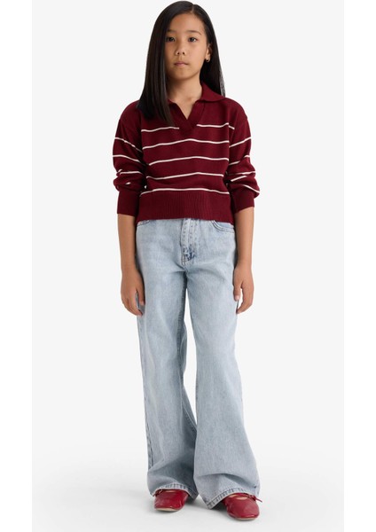 Kız Çocuk Standart Fit Polo Yaka Çizgili Triko Kazak E7737A825AU fiyatları