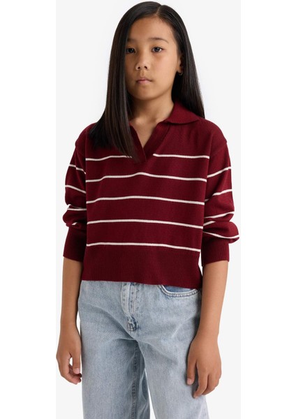 Kız Çocuk Standart Fit Polo Yaka Çizgili Triko Kazak E7737A825AU modelleri