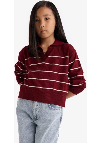 Kız Çocuk Standart Fit Polo Yaka Çizgili Triko Kazak E7737A825AU fırsatları