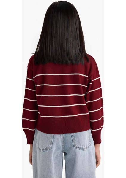 Kız Çocuk Standart Fit Polo Yaka Çizgili Triko Kazak E7737A825AU