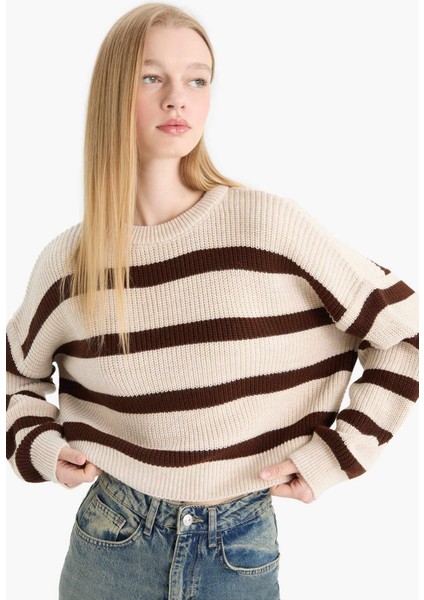 Coool Oversize Geniş Kalıp Bisiklet Yaka Çizgili Triko Kazak X4931AZ25WN fırsatları