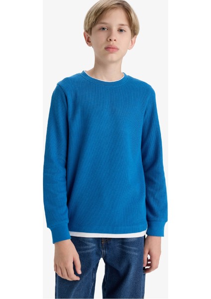 Erkek Çocuk Bisiklet Yaka Basic Düz Waffle Uzun Kollu Okul Tişörtü V1186A625AU