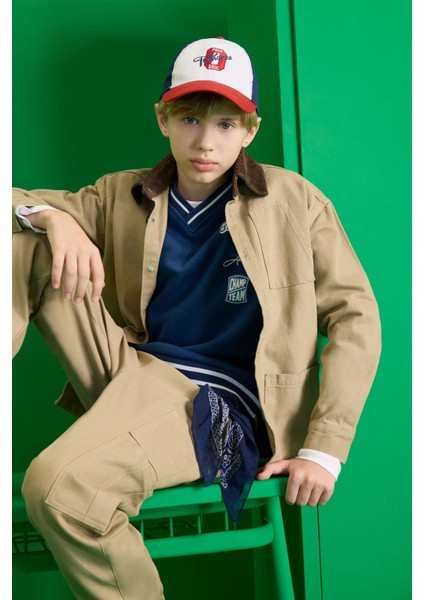 Erkek Çocuk Oversize Geniş Kalıp Polo Yaka Gabardin Uzun Kollu Okul Gömleği F2482A825AU