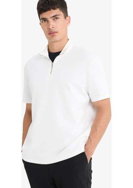 Regular Fit Dik Yaka Yarım Fermuarlı Modal Karışımlı Ağır Kumaş Kısa Kollu Tişört B6502AX25AU