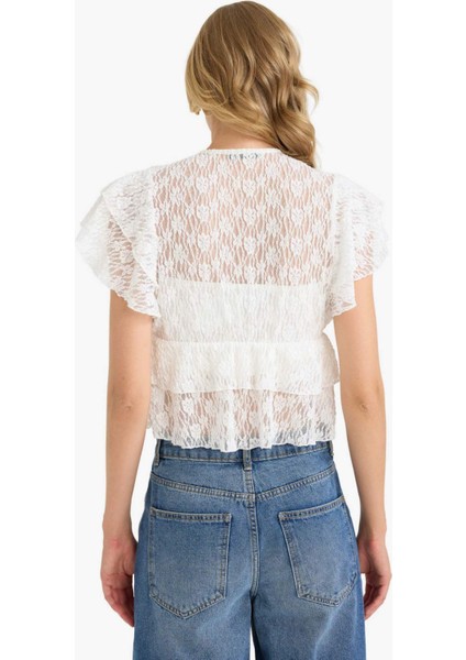 Fitted V Yaka Tül Önden Bağlamalı Kısa Kollu Bluz F7943AX25AU