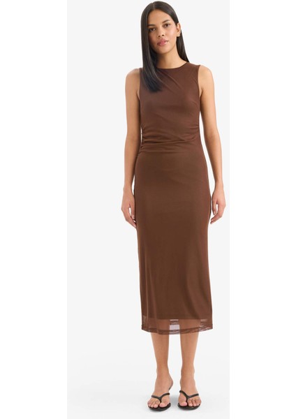 Bodycon Vücudu Saran Yuvarlak Yaka Tül Kolsuz Midi Elbise D8036AX25AU