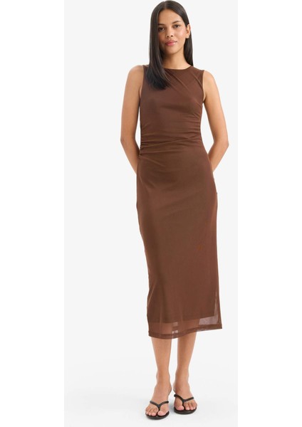 Bodycon Vücudu Saran Yuvarlak Yaka Tül Kolsuz Midi Elbise D8036AX25AU fiyatları