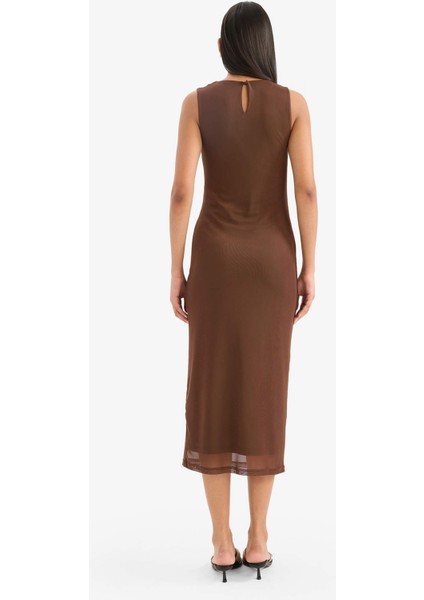 Bodycon Vücudu Saran Yuvarlak Yaka Tül Kolsuz Midi Elbise D8036AX25AU