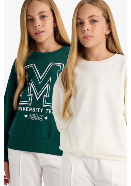 Kız Çocuk Okul Relax Fit Bisiklet Yaka Baskılı 2'li Sweatshirt E6474A825AU