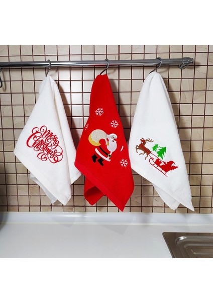 Yılbaşı Temalı Noel Baba Nakış Işlemeli 3'lü Mutfak Havlu Seti