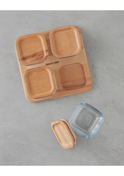 Pico Cam Ahşap Kapaklı 4 Bölmeli Kahvaltılık 21X21 cm Şeffaf modelleri