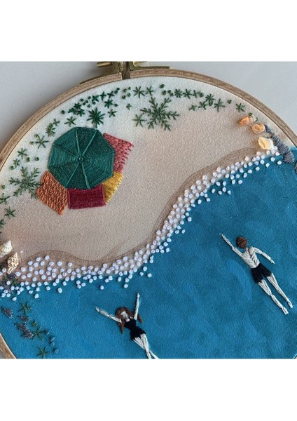 Yaz Temalı Nakış Kasnak Pano, Beyaz, Dekoratif ve Şık Duvar Sanatı fiyatları