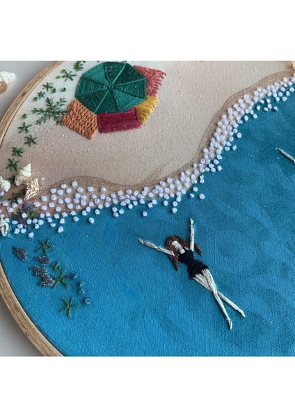 Yaz Temalı Nakış Kasnak Pano, Beyaz, Dekoratif ve Şık Duvar Sanatı modelleri