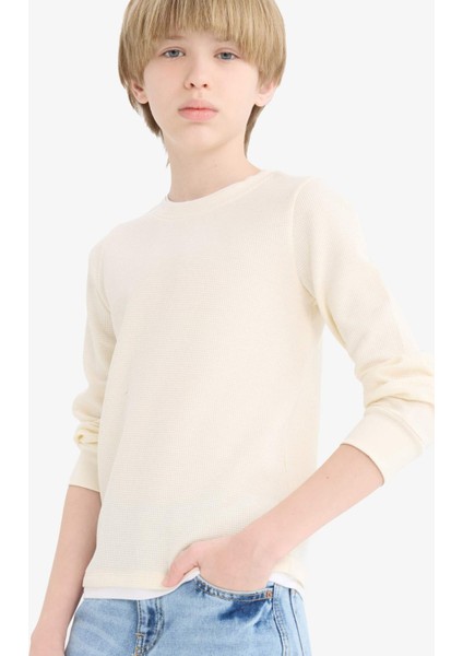 Erkek Çocuk Bisiklet Yaka Basic Düz Waffle Uzun Kollu Okul Tişörtü V1186A625AU