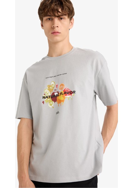 Boxy Fit Bisiklet Yaka Baskılı Kısa Kollu Tişört F8567AX25HS