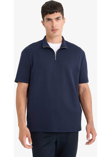 Regular Fit Dik Yaka Yarım Fermuarlı Modal Karışımlı Ağır Kumaş Kısa Kollu Tişört B6502AX25AU modelleri