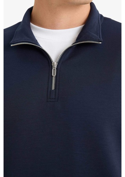 Regular Fit Dik Yaka Yarım Fermuarlı Modal Karışımlı Ağır Kumaş Kısa Kollu Tişört B6502AX25AU indirimleri