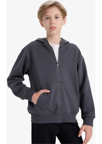 Erkek Çocuk Kapüşonlu Basic Düz Okul Fermuarlı Sweatshirt X7382A625WN