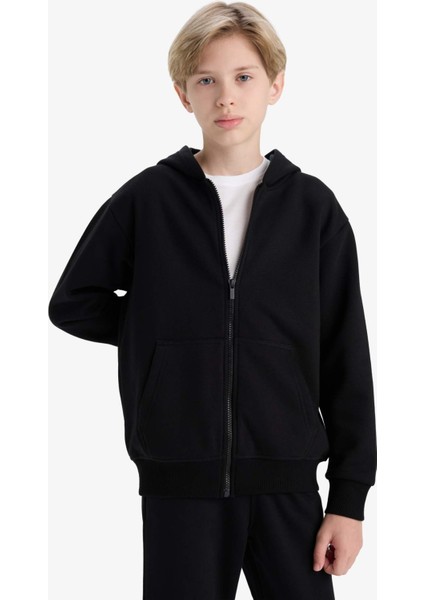 Erkek Çocuk Kapüşonlu Basic Düz Okul Fermuarlı Sweatshirt X7382A625WN