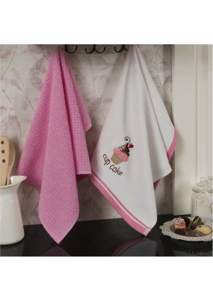 Yumuşak Pamuk Mutfak Havlusu, 2'li Set, Beyaz ve Pembe, 40X60 cm